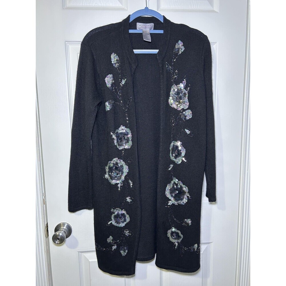 Victor Costa Cardigan Sweater Women's Medium Black Beaded Floral Open Front